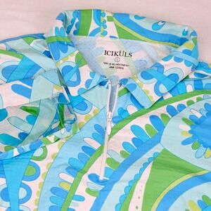 Icikuls Womens Blue Green Paisley Long Sleeve Quarter Zip Sun Shirt Large L